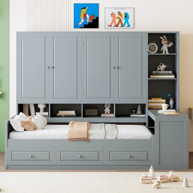 Twin/Full Daybed Frame with Built-In Desk, Bookcase, 3 Drawers & Storage Cabinet – Gray/White