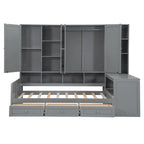 Twin/Full Daybed Frame with Built-In Desk, Bookcase, 3 Drawers & Storage Cabinet – Gray/White
