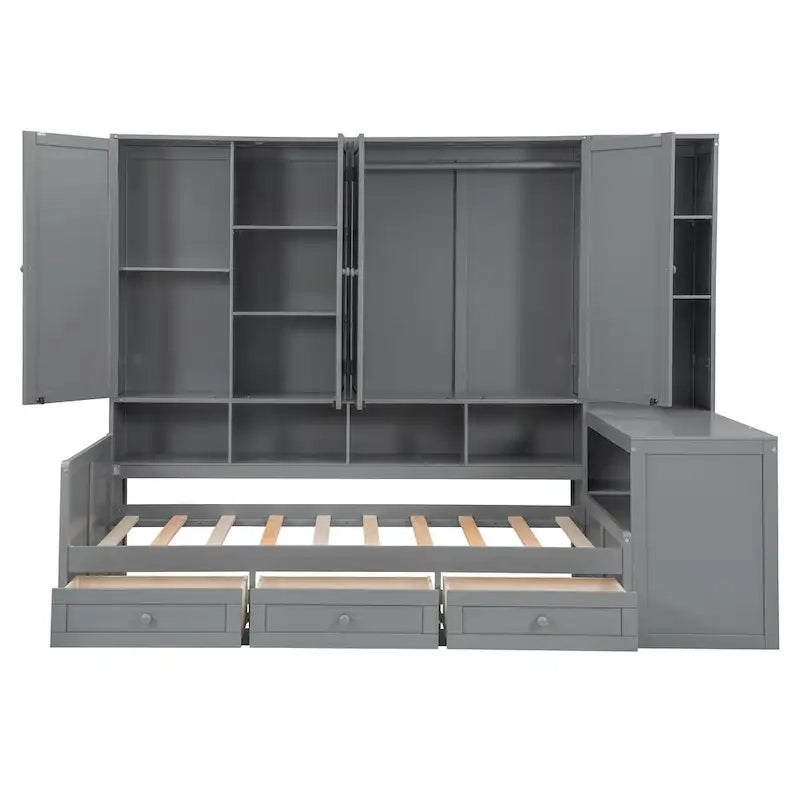 Twin/Full Daybed Frame with Built-In Desk, Bookcase, 3 Drawers & Storage Cabinet – Gray/White