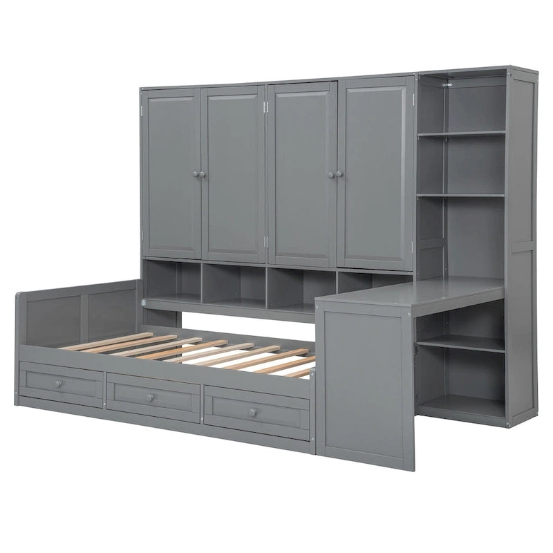 Twin/Full Daybed Frame with Built-In Desk, Bookcase, 3 Drawers & Storage Cabinet – Gray/White