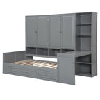 Twin/Full Daybed Frame with Built-In Desk, Bookcase, 3 Drawers & Storage Cabinet – Gray/White