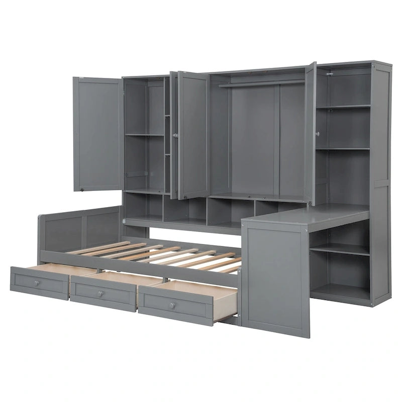 Twin/Full Daybed Frame with Built-In Desk, Bookcase, 3 Drawers & Storage Cabinet – Gray/White