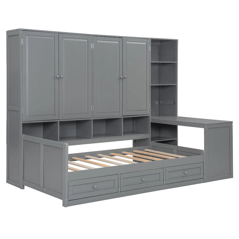 Twin/Full Daybed Frame with Built-In Desk, Bookcase, 3 Drawers & Storage Cabinet – Gray/White