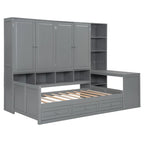 Twin/Full Daybed Frame with Built-In Desk, Bookcase, 3 Drawers & Storage Cabinet – Gray/White