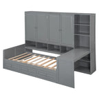 Twin/Full Daybed Frame with Built-In Desk, Bookcase, 3 Drawers & Storage Cabinet – Gray/White