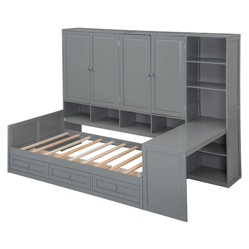 Twin/Full Daybed Frame with Built-In Desk, Bookcase, 3 Drawers & Storage Cabinet – Gray/White