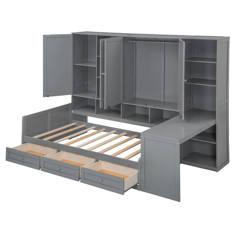 Twin/Full Daybed Frame with Built-In Desk, Bookcase, 3 Drawers & Storage Cabinet – Gray/White