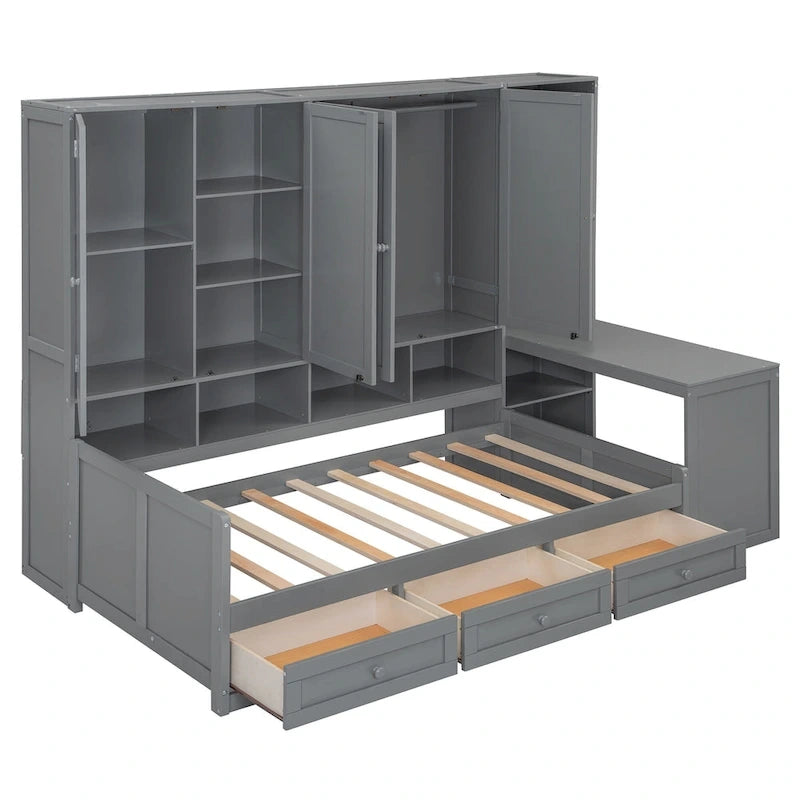 Twin/Full Daybed Frame with Built-In Desk, Bookcase, 3 Drawers & Storage Cabinet – Gray/White