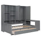 Twin/Full Daybed Frame with Built-In Desk, Bookcase, 3 Drawers & Storage Cabinet – Gray/White