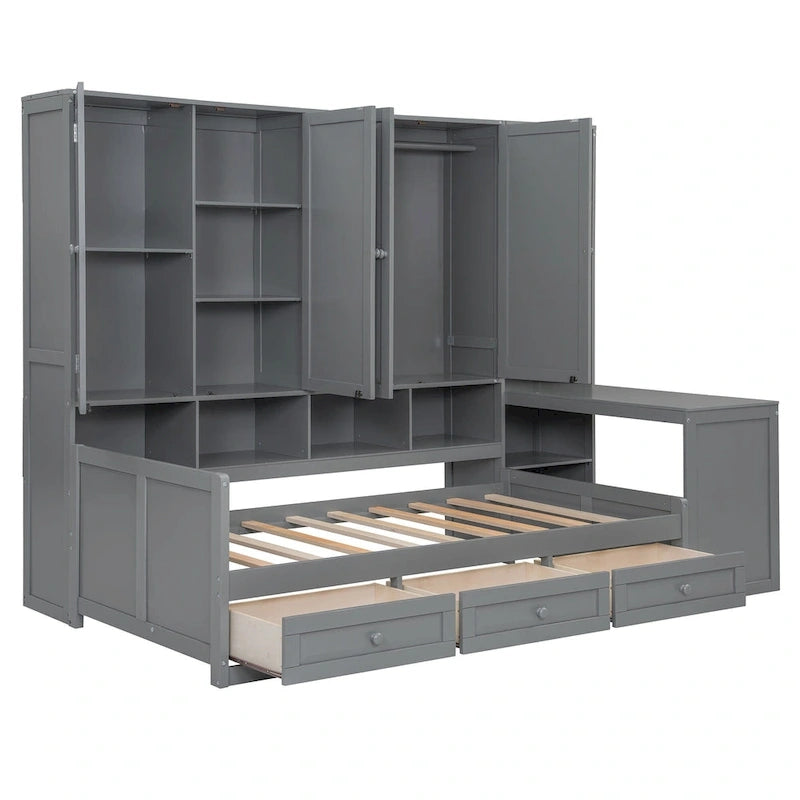 Twin/Full Daybed Frame with Built-In Desk, Bookcase, 3 Drawers & Storage Cabinet – Gray/White