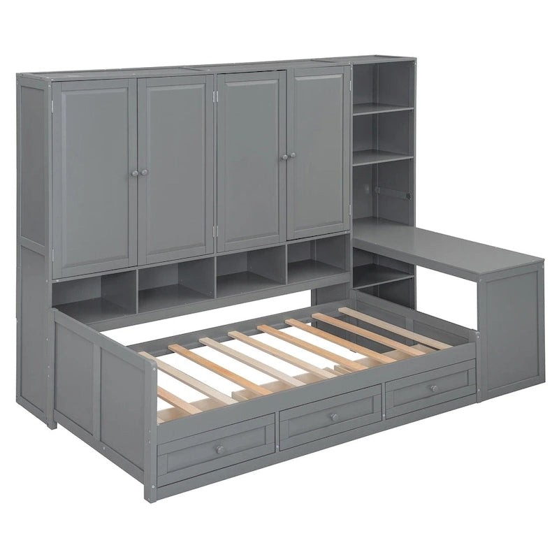 Twin/Full Daybed Frame with Built-In Desk, Bookcase, 3 Drawers & Storage Cabinet – Gray/White