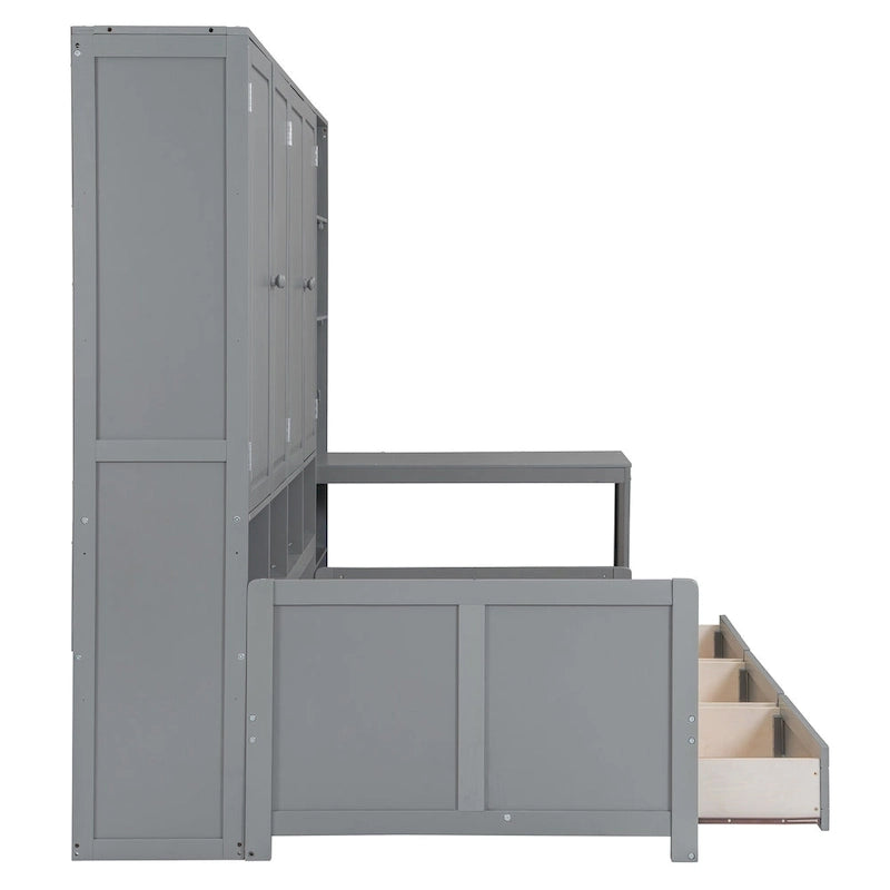 Twin/Full Daybed Frame with Built-In Desk, Bookcase, 3 Drawers & Storage Cabinet – Gray/White