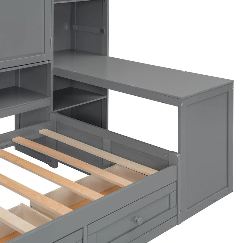Twin/Full Daybed Frame with Built-In Desk, Bookcase, 3 Drawers & Storage Cabinet – Gray/White