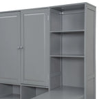 Twin/Full Daybed Frame with Built-In Desk, Bookcase, 3 Drawers & Storage Cabinet – Gray/White