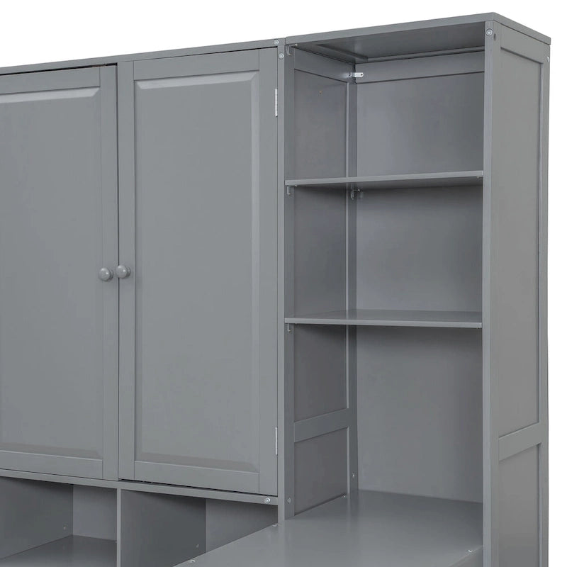 Twin/Full Daybed Frame with Built-In Desk, Bookcase, 3 Drawers & Storage Cabinet – Gray/White