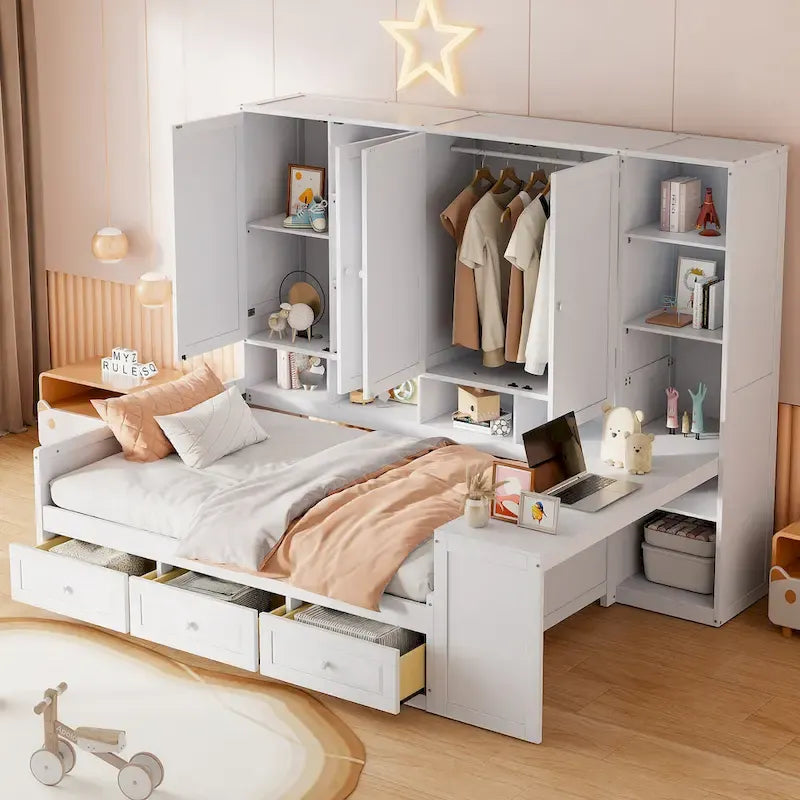 Twin/Full Daybed Frame with Built-In Desk, Bookcase, 3 Drawers & Storage Cabinet – Gray/White