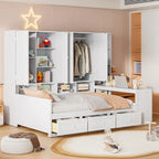 Twin/Full Daybed Frame with Built-In Desk, Bookcase, 3 Drawers & Storage Cabinet – Gray/White