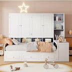 Twin/Full Daybed Frame with Built-In Desk, Bookcase, 3 Drawers & Storage Cabinet – Gray/White