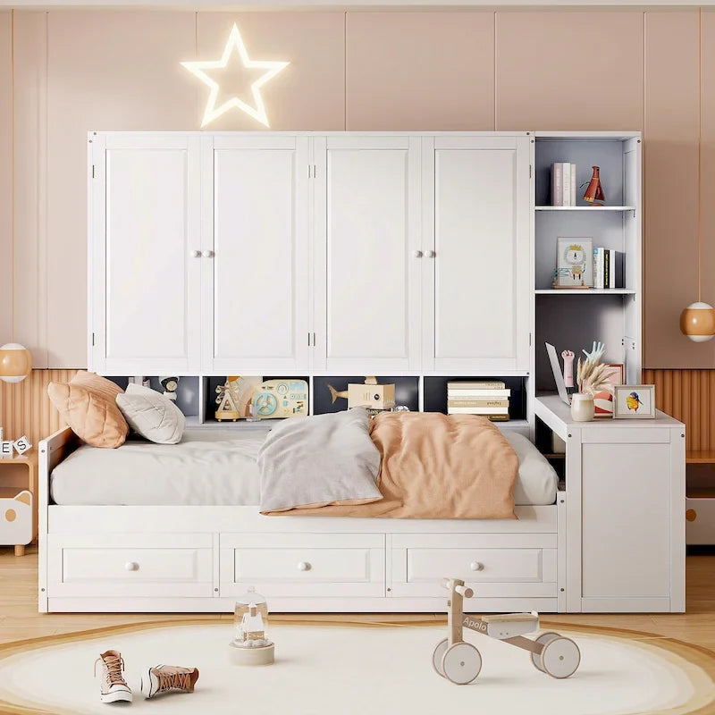 Twin/Full Daybed Frame with Built-In Desk, Bookcase, 3 Drawers & Storage Cabinet – Gray/White