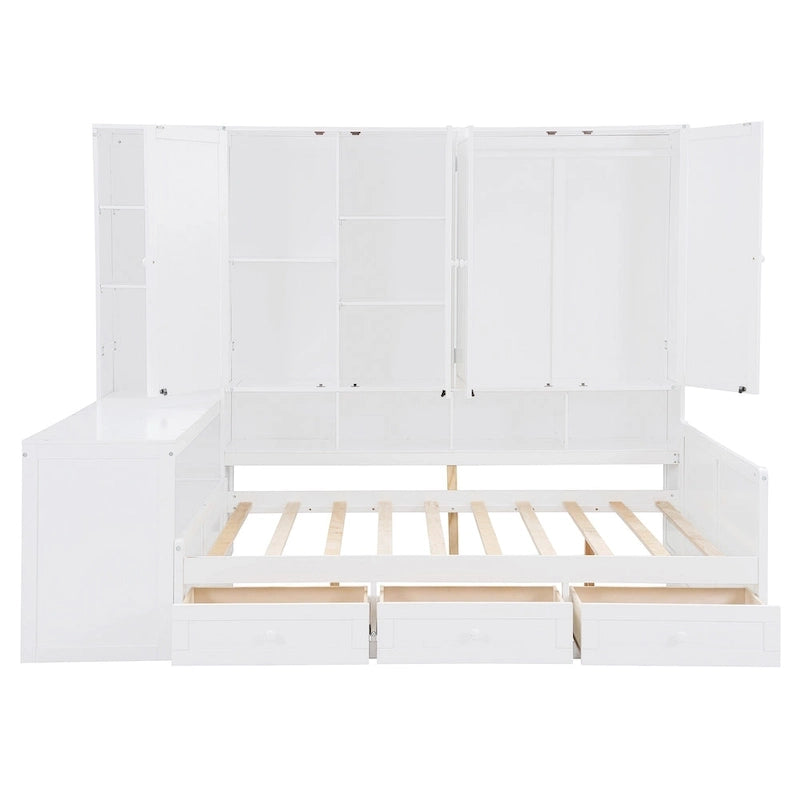 Twin/Full Daybed Frame with Built-In Desk, Bookcase, 3 Drawers & Storage Cabinet – Gray/White