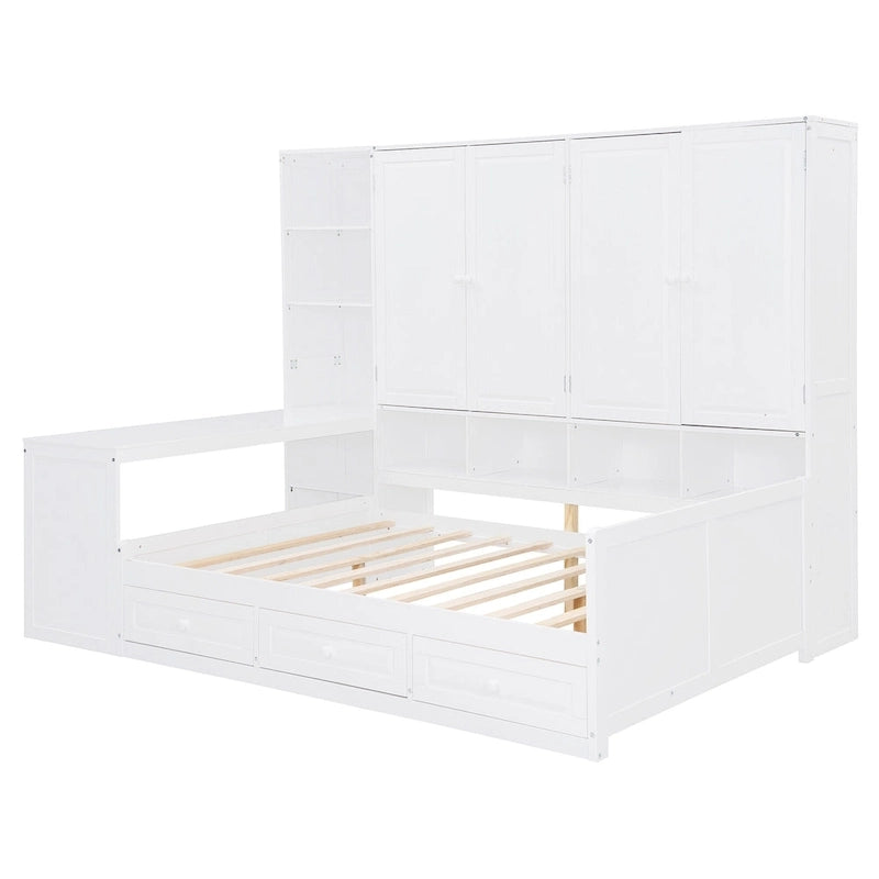 Twin/Full Daybed Frame with Built-In Desk, Bookcase, 3 Drawers & Storage Cabinet – Gray/White