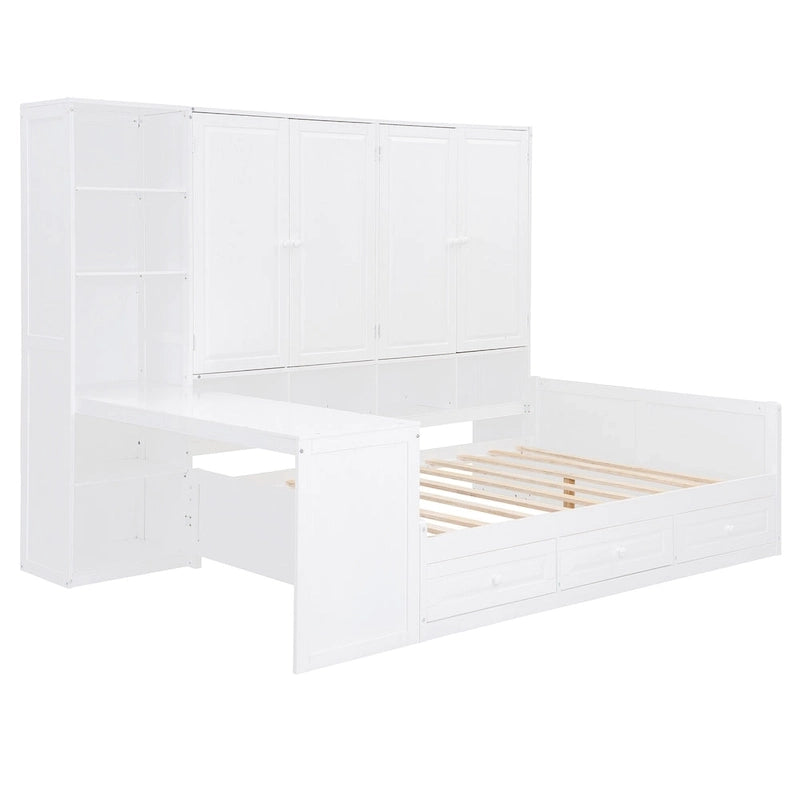 Twin/Full Daybed Frame with Built-In Desk, Bookcase, 3 Drawers & Storage Cabinet – Gray/White