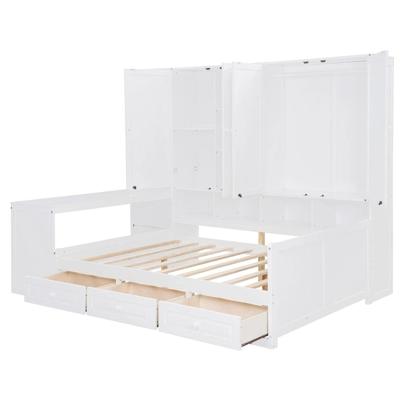 Twin/Full Daybed Frame with Built-In Desk, Bookcase, 3 Drawers & Storage Cabinet – Gray/White