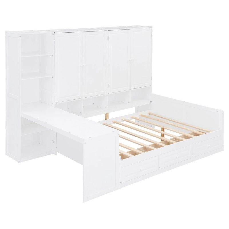 Twin/Full Daybed Frame with Built-In Desk, Bookcase, 3 Drawers & Storage Cabinet – Gray/White