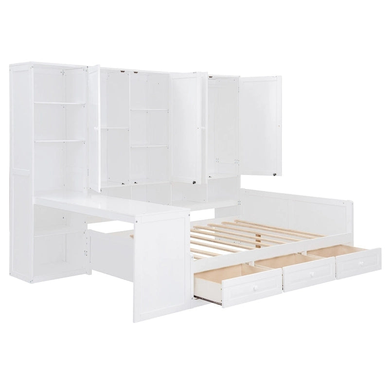 Twin/Full Daybed Frame with Built-In Desk, Bookcase, 3 Drawers & Storage Cabinet – Gray/White