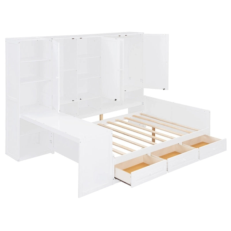 Twin/Full Daybed Frame with Built-In Desk, Bookcase, 3 Drawers & Storage Cabinet – Gray/White