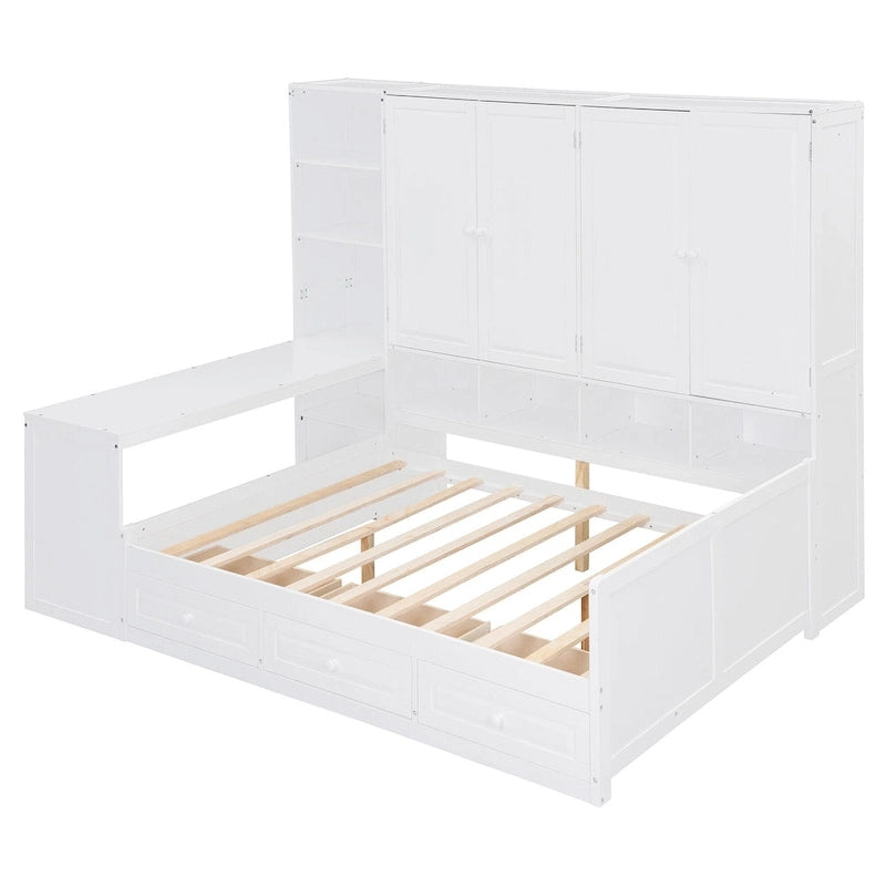 Twin/Full Daybed Frame with Built-In Desk, Bookcase, 3 Drawers & Storage Cabinet – Gray/White