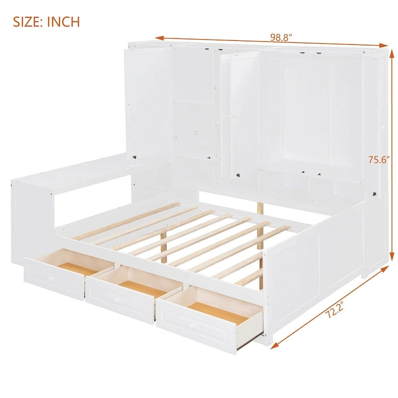 Twin/Full Daybed Frame with Built-In Desk, Bookcase, 3 Drawers & Storage Cabinet – Gray/White