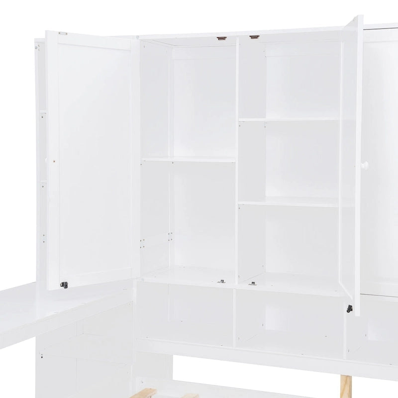 Twin/Full Daybed Frame with Built-In Desk, Bookcase, 3 Drawers & Storage Cabinet – Gray/White