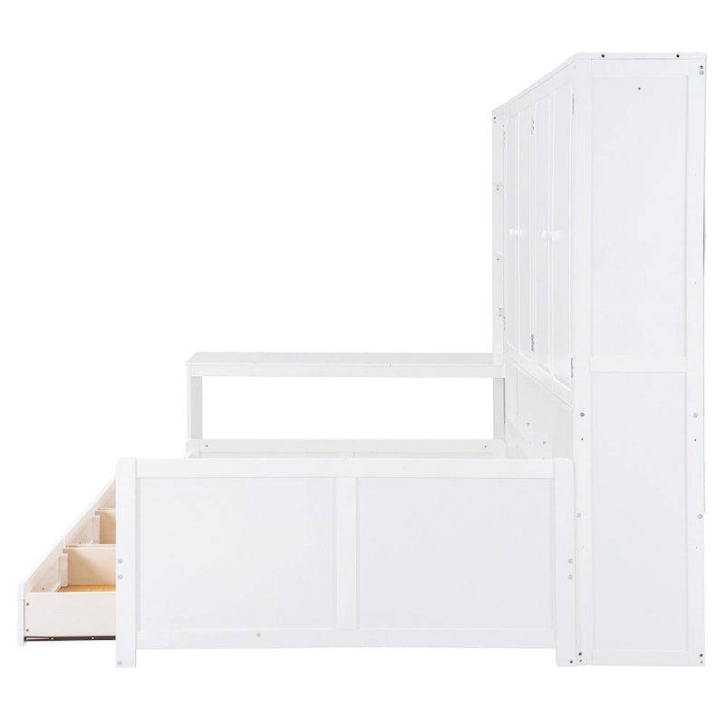 Twin/Full Daybed Frame with Built-In Desk, Bookcase, 3 Drawers & Storage Cabinet – Gray/White
