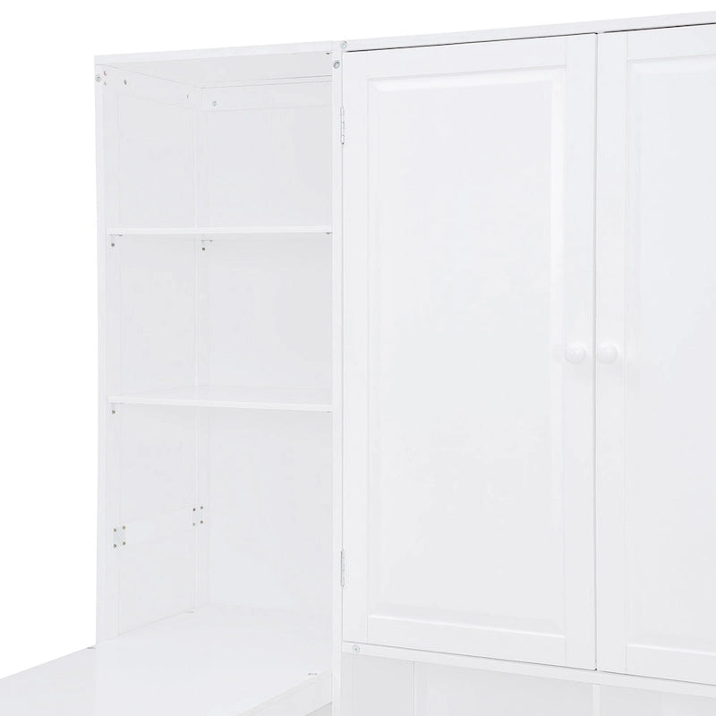 Twin/Full Daybed Frame with Built-In Desk, Bookcase, 3 Drawers & Storage Cabinet – Gray/White