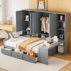 Twin/Full Daybed Frame with Built-In Desk, Bookcase, 3 Drawers & Storage Cabinet – Gray/White