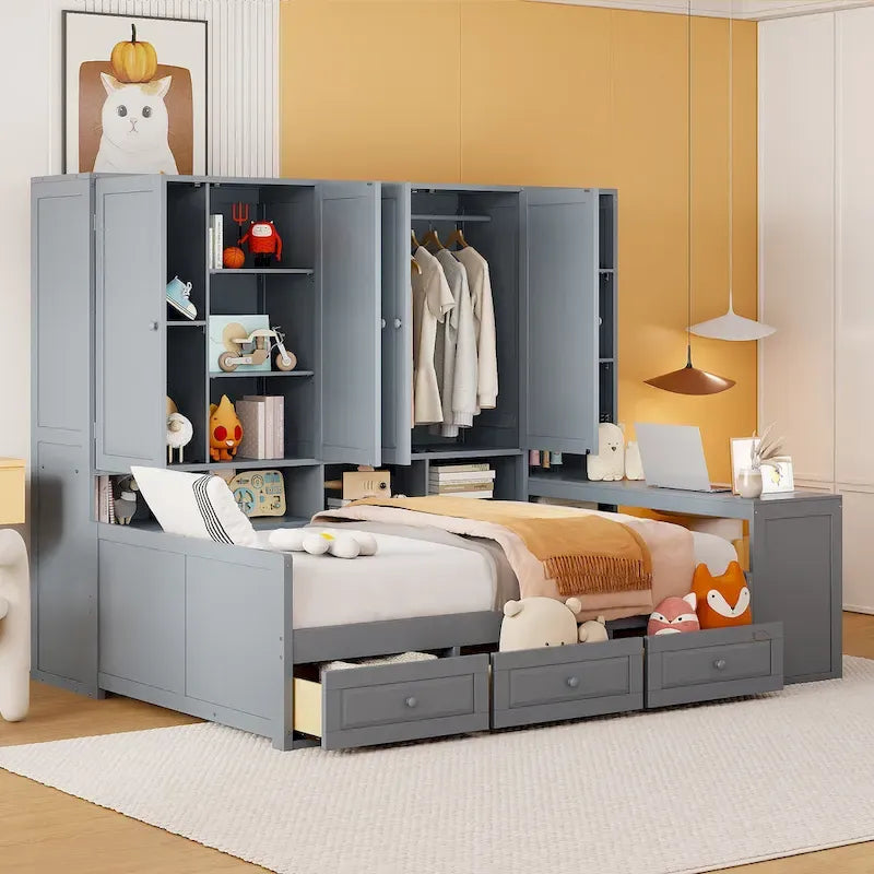 Twin/Full Daybed Frame with Built-In Desk, Bookcase, 3 Drawers & Storage Cabinet – Gray/White