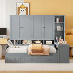 Twin/Full Daybed Frame with Built-In Desk, Bookcase, 3 Drawers & Storage Cabinet – Gray/White