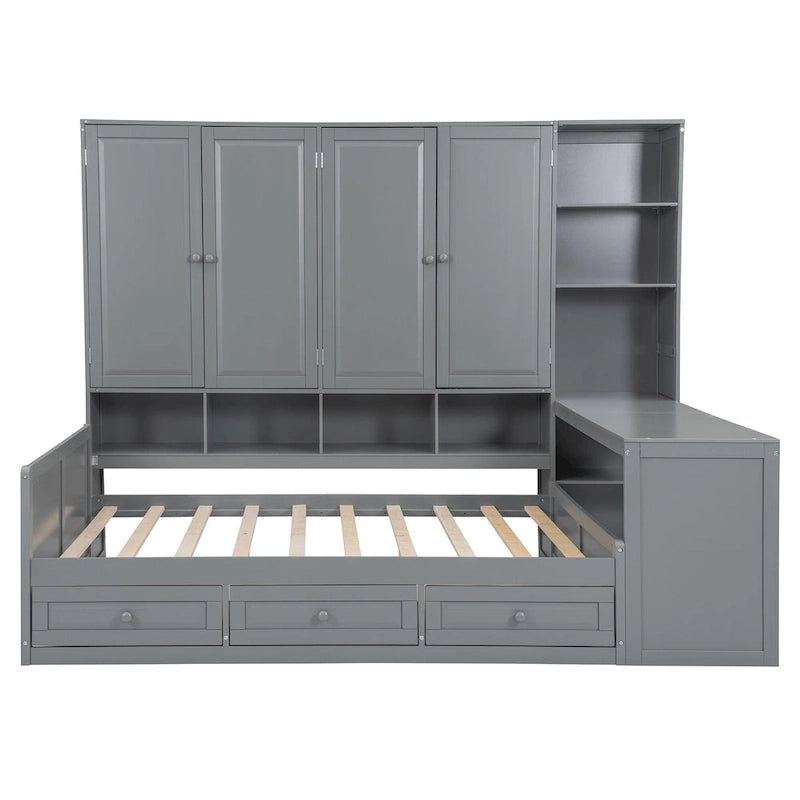 Twin/Full Daybed Frame with Built-In Desk, Bookcase, 3 Drawers & Storage Cabinet – Gray/White
