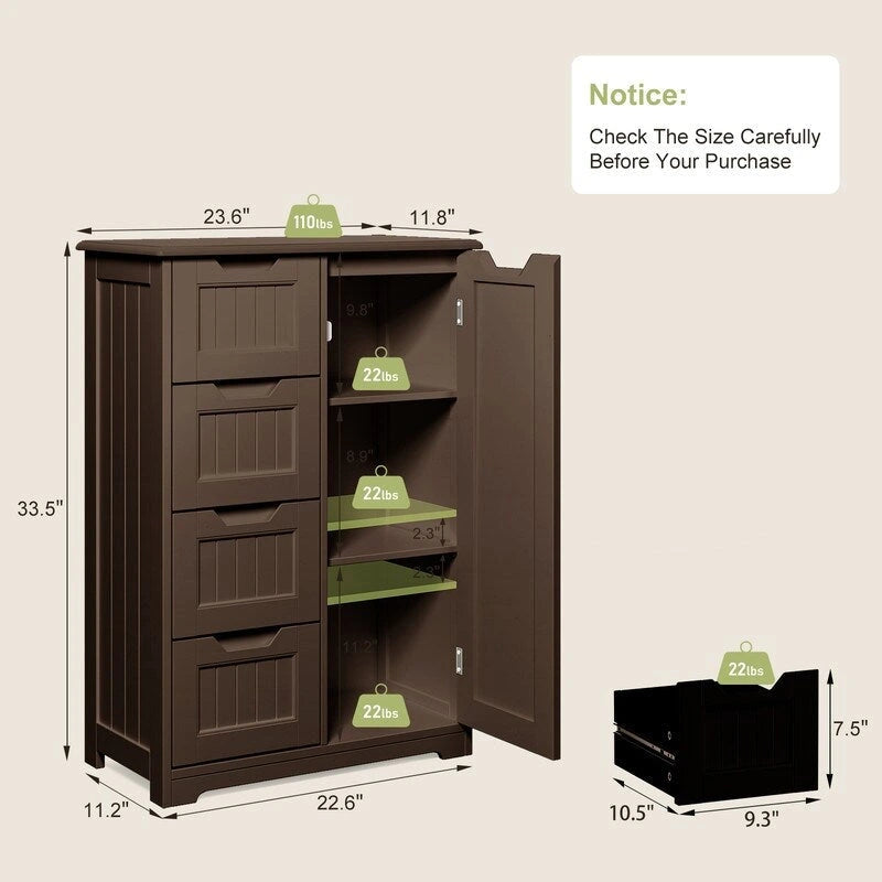 33" Freestanding Storage Cabinet with 4 Drawers, Wood, for Kitchen Bathroom Dining Room