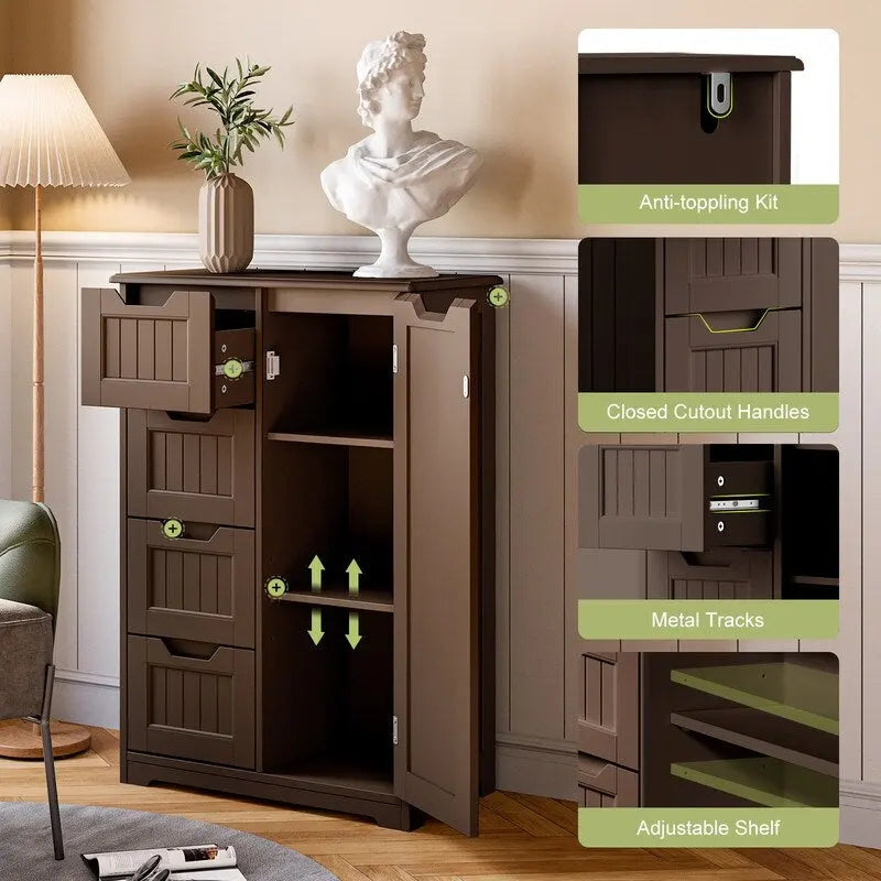 33" Freestanding Storage Cabinet with 4 Drawers, Wood, for Kitchen Bathroom Dining Room