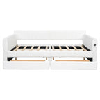 Queen Size Upholstered Daybed with 2 Storage Drawers, Modern Daybed Frame Sofa Bed with USB Port and Armrest