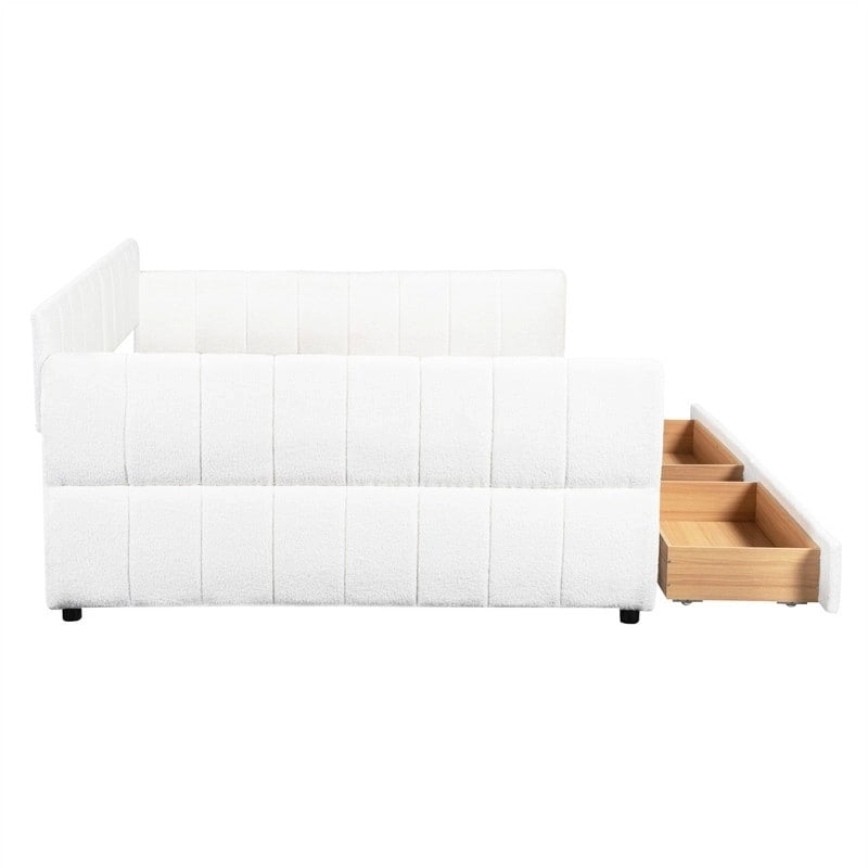 Queen Size Upholstered Daybed with 2 Storage Drawers, Modern Daybed Frame Sofa Bed with USB Port and Armrest