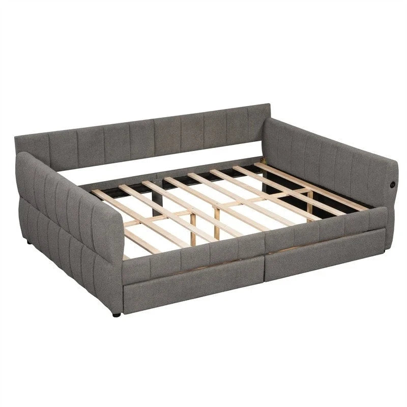 Queen Size Upholstered Daybed with 2 Storage Drawers, Modern Daybed Frame Sofa Bed with USB Port and Armrest