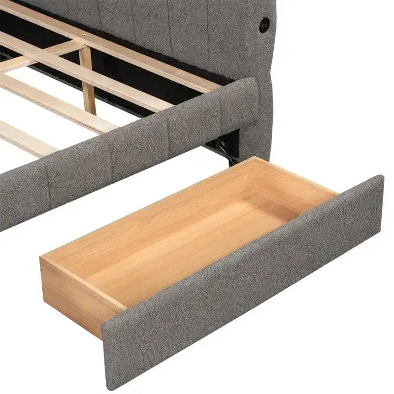 Queen Size Upholstered Daybed with 2 Storage Drawers, Modern Daybed Frame Sofa Bed with USB Port and Armrest