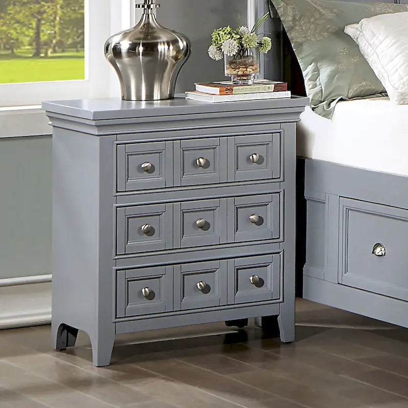 3-Drawer Nightstand with USB Ports | Crown Molding | Felt-Lined Top Drawer | Grey & White