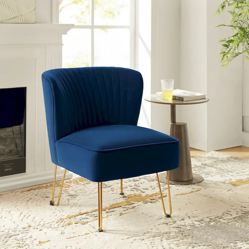 Channel-Tufted Velvet Accent Chair with Golden Metal Legs, Armless Side Chair
