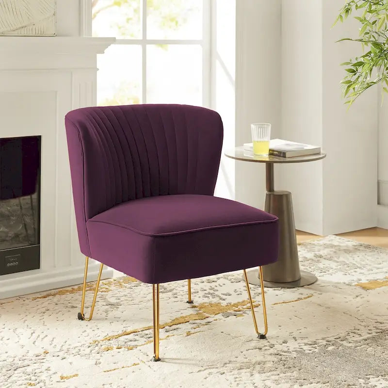 Channel-Tufted Velvet Accent Chair with Golden Metal Legs, Armless Side Chair