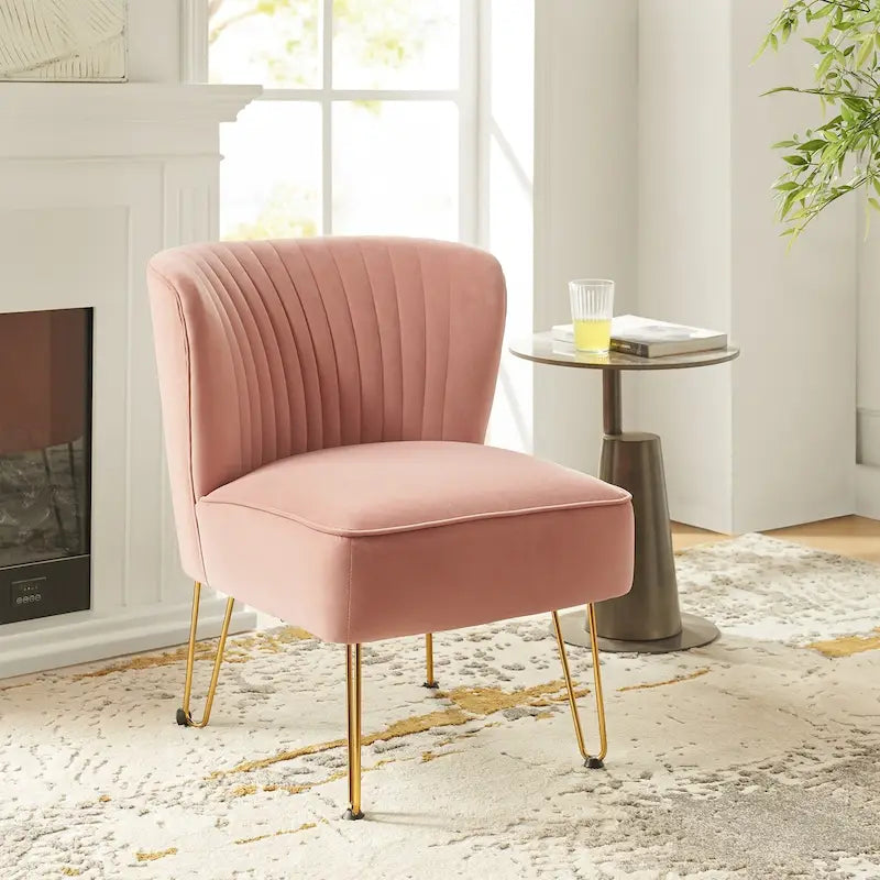 Channel-Tufted Velvet Accent Chair with Golden Metal Legs, Armless Side Chair
