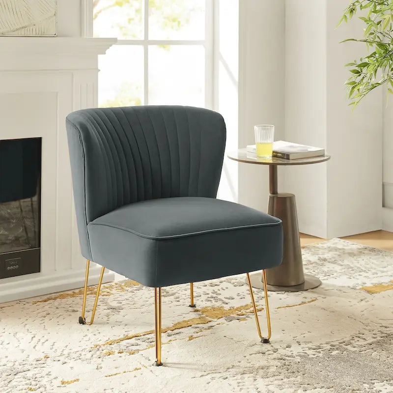 Channel-Tufted Velvet Accent Chair with Golden Metal Legs, Armless Side Chair